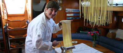 Chef Jette and fresh pasta aboard Northwind Sail the San Juans